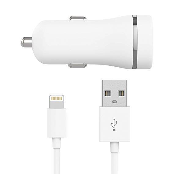 TalkWorks Car Charger Dual Port USB iPhone Charger 17W/3.4A with 6ft Lightning Cable Apple MFI Certified for iPhone Xs/XS Max/XR/X / 8/7 / 6 / SE / 5 / iPad, iPods with Lightning 8 Pin - White