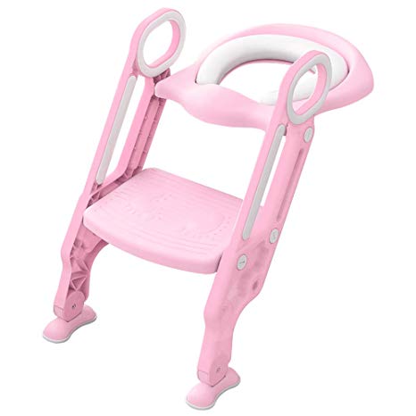 Toddler Toilet, Opret Potty Training Seat on Toilet with Non-Slip Steps Ladder Adjustable Foldable for Boys Girls Toddlers Kids (Pink)