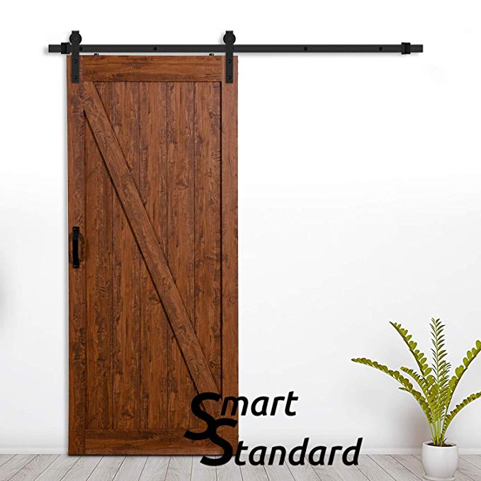 SMARTSTANDARD 36in x 84in Sliding Barn Door with 6.6ft BarnDoor Hardware Kit & Handle, Pre-Drilled Ready to Assemble Wood Slab Covered with Water-Proof PVC Surface (Antique Z-Frame Panel)