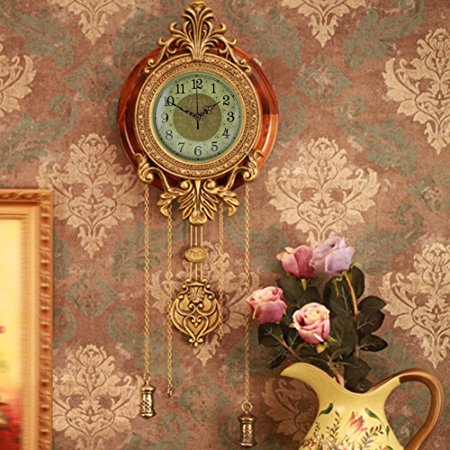 ERISAN Brand Classic Retro Style Vintage Wood Indoor Wall Clock with Pendulum Metal Art Home Decor Watch