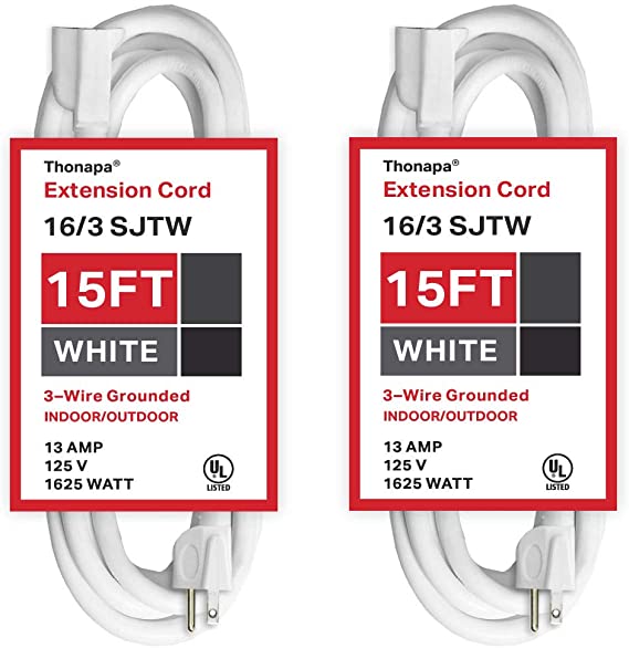 Thonapa 2 Pack of 15 Ft White Extension Cords - 16/3 Durable Indoor Outdoor Electrical Cable with 3 Prong Grounded Plug for Safety