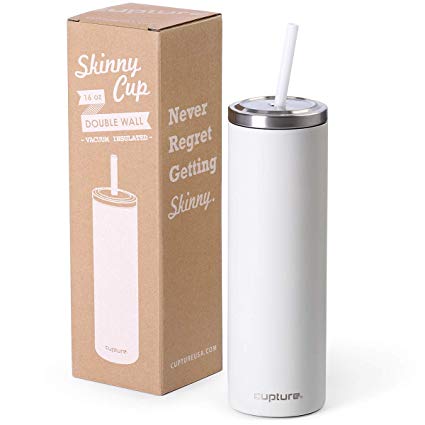 Cupture Stainless Steel Skinny Insulated Tumbler Cup with Lid and Reusable Straw - 16 oz (Winter White)