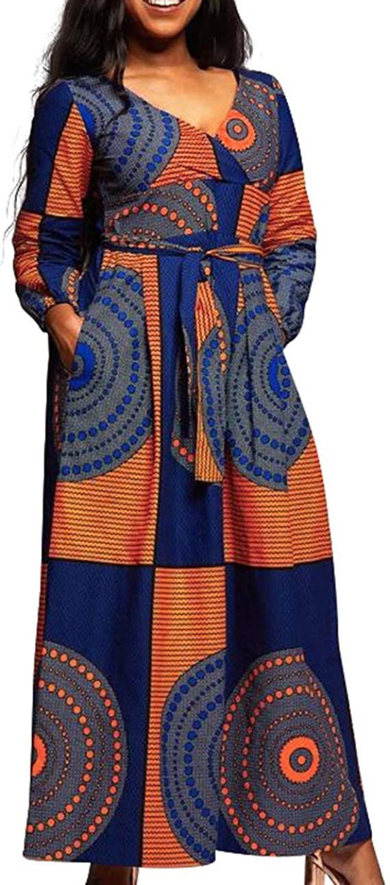 VERWIN African Print V Neck High Waist Color Block Evening Dress Wrap Maxi Dress