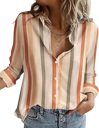 Zeagoo Button Down Shirts for Women Loose Fit Striped Long Sleeve Fall Blouse Business Casual Work Tops