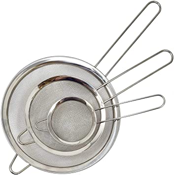 Set of 3 Fine Mesh Strainers, 100% Stainless Steel, Large, Medium & Small - Ideal to Strain Pasta, Noodles, Quinoa, Tea, Sift & Sieve Flour & Powdered Sugar