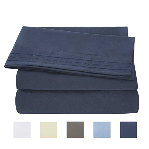 Bed Sheet Set - Brushed Microfiber 1800 Bedding 4 Piece 105 GSM -Wrinkle, Fade, Stain Resistant ,Hypoallergenic (Navy Blue, Full)