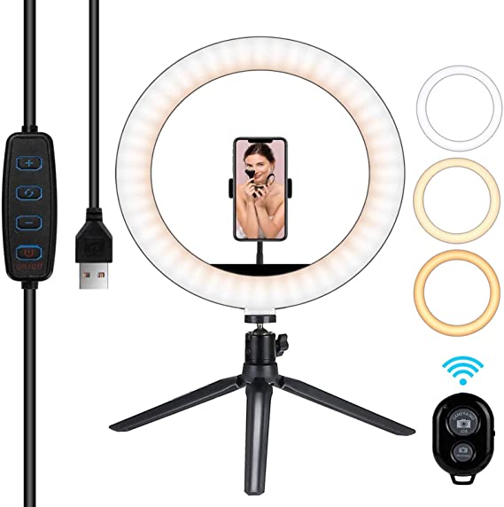 Hiapix Selfie Ring Light 10" Dimmable Desktop LED Ring Light with Tripod Stand and Cellphone Holder Remote Control USB Power Contol Button for Live Stream Video Blog Photography Makeup