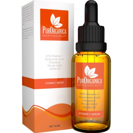 PurOrganica VITAMIN C SERUM for Face - Premium 20 Vitamin C with Hyaluronic Acid - Top Anti Wrinkle Anti Ageing Face Eye and Neck Organic Serum - Professional Grade 30ML bottle - Works or Your Money Back