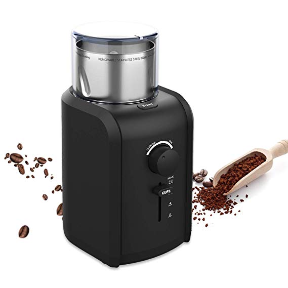Electric Coffee Bean Grinder, Powerful Grinder, Grind Size & Cup Selection, Removable Cup, Stainless Steel, Easy Cleaning, Herbs, Grains, Spice, 12 Cups, 200 Watt, Best Gifts