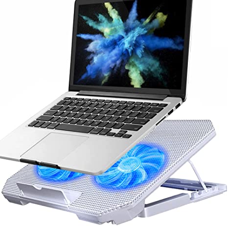 Laptop Cooling Pad Fan 15.6 14 13 Inch (15inch White Case Blue LED, Built-in USB Line, Back Feet Stand) Fit Apple Air / Pro / MacBook
