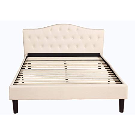 Madison Home Classic Deluxe Linen Fabric Platform Bed with Wooden Slats in Ivory Full