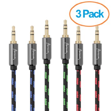 Aurum Cables Male to Male 35mm Universal Gold Plated Auxiliary Audio Stereo Cable for iPhone iPad iPod Kindle Smartphones Tablets and MP3 Players - 6 Feet - 3 Pack Red Blue and Green