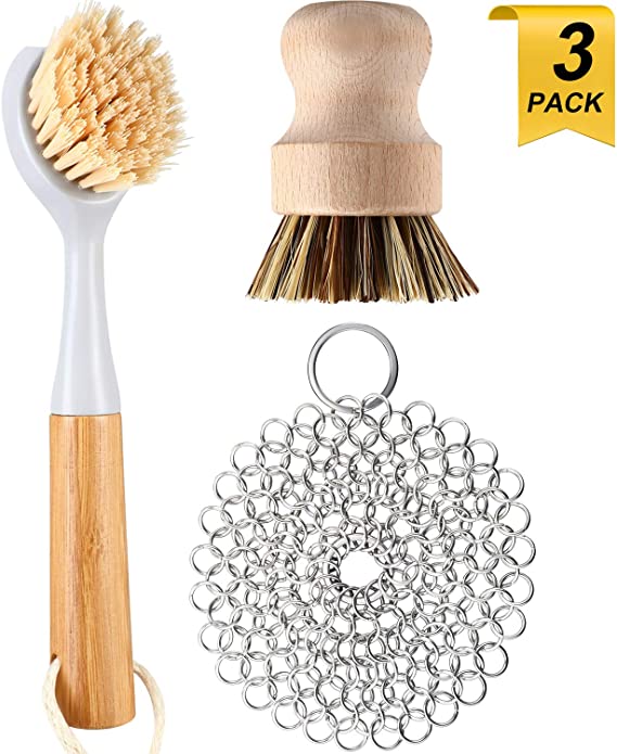 3 Pieces Kitchen Dish Brush Set, Contains Long Bamboo Handle Cleaning Brush with Food Scraper, Stainless Steel Chainmail Scrubber, Palm Scrub Brush