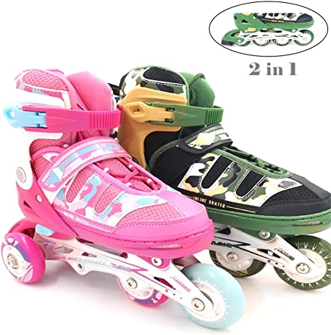 Mpoutik Boys Girls Adjustable Inline Skates Roller Skates 2 in 1 Convertible Speed Roller Skates Shoes for Children Kids Teens