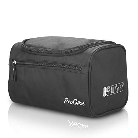 ProCase Toiletry Bag Travel Case with Hanging Hook, Organizer for Accessories, Shampoo, Cosmetic, Personal Items, Healthcare Bag with Handle, Black