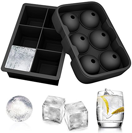 Ouddy Silicone Ice Cube Molds, Set of 2 Sphere Round Ice Ball Maker & Large Square Ice Cube Mold Ice Cube Trays