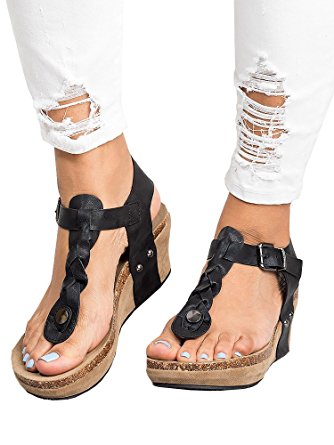 Pxmoda Women's Boho Braided Wedge Sandals Casual T-Strap Wedge Heel Sandal Shoes