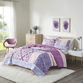 Intelligent Design Ezra 2 in 1 Reversible 100% Cotton Quilt, Bohemian Patchwork, Damask Design Modern Luxe All Season Coverlet Bedspread Set with Matching Shams, Full/Queen(88"x90"), Purple 3 Piece