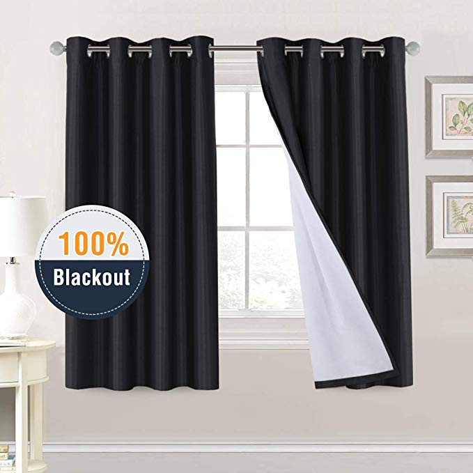 H.VERSAILTEX 100% Blackout Bedroom Curtains 2 Panel Sets 63 inch Thermal Insulated Blackout Window Draperies for Living Room, Luxury and Durable Soundproof Curtains for Home Theater, Black Color