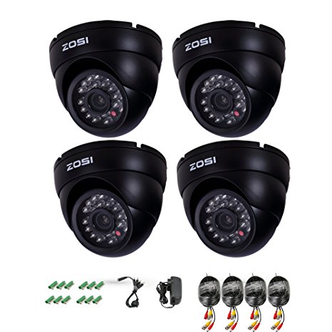 ZOSI 4 Pack 800TVL Vandal Proof CCTV Home Surveillance System Hi-Resolution Outdoor Weaterproof IR Dome Security Cameras