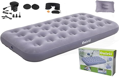 Onirii Twin Size QuickBed Single-High Thickened Air Mattress 75"x 39"x 8.7" Portable Inflatable Camping Air Blow Up Bed with Multi-Function Air Pump for Truck Tent Camping/Home/Traveling(Grey)