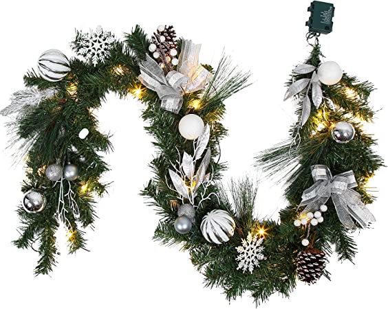 LinTimes 6 FT Pre-lit Christmas Garland with Lights, Artificial Xmas Green Rattan with Ribbon and Sliver Decorations, Christmas Home Fireplace Mantle Outdoor Front Porch Decor Garland