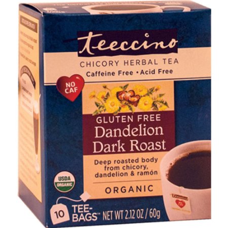 Teeccino Gluten Free Organic Chicory Herbal Tea Dandelion Dark Roast Tea Bags, Caffeine Free, Acid Free 10 count