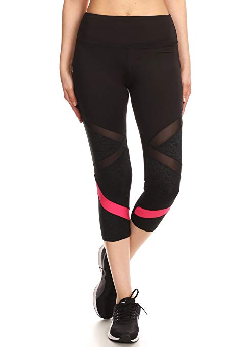 Shosho Womens Yoga Capris Sports Leggings Activewear Bottoms With Mesh And Criss Cross Straps
