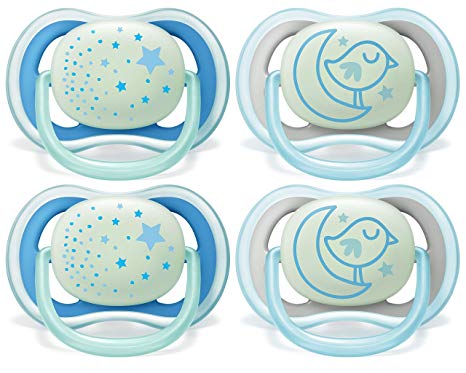 Philips AVENT Ultra Air Nighttime 6-18 Months Pacifier, SCF376/43, Blue, (Pack of 4)