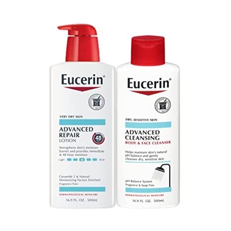 Eucerin Advanced Repair Body Lotion, 16.9 Fl Oz Pump Bottle Advanced Cleansing Body and Face Cleanser, 16.9 Fl Oz Bottle