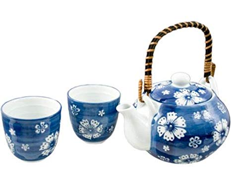 Hinomaru Collection Japanese Style Blue and White Porcelain Cherry Blossom Sakura Tea Set Ceramic Teapot with Rattan Handle and 2 Tea Cups Gift Packaging