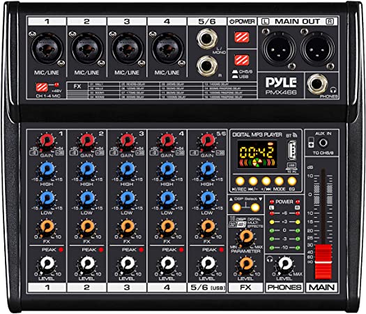 Professional DJ Audio Mixer Controller - 6-Channel DJ Controller Sound Mixer w/ DSP 16 Preset Effects, USB Interface, 4 XLR Mic/Line Input, AUX, FX Processor MP3 Player, Headphone Jack - Pyle PMX466