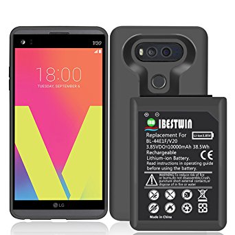 IBESTWIN LG V20 Extended Battery, 3.85v 10000mAh (Up to 3.1X Extra Battery Power) Lithium Battery Replacement for LG V20 BL-44E1F with Black Full Edge Soft Protective Case, LG V20 Battery Case