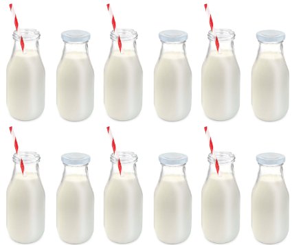 KOVOT 11-Oz Glass Milk Bottle Set of 12 - Includes Reusable Lids and Straws