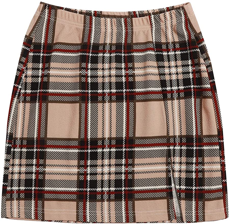 DIDK Women's Casual Tartan Plaid High Waist Bodycon Mini Skirt