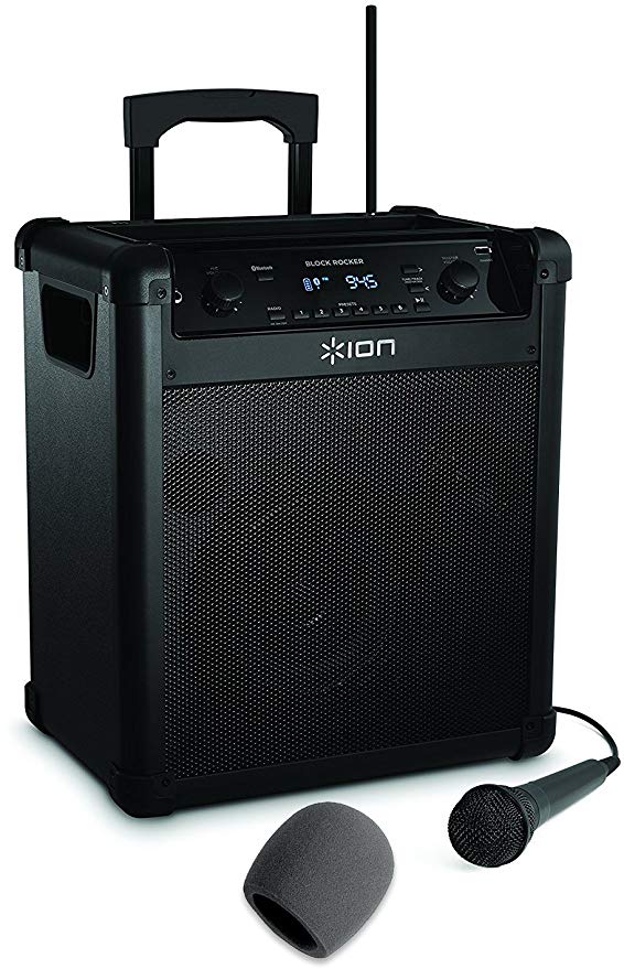 ION Audio Block Rocker Portable Bluetooth Speaker with Mic, Radio, and Wheels & Handle for Transport and On Stage Foam Ball-Type Mic Windscreen, Black
