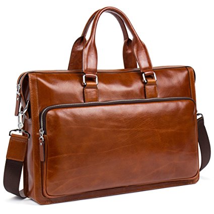 MANTOBRUCE Men Briefcase Leather Vintage Simple Messenger Bag Office Handbag 15" Laptop Bag Brown
