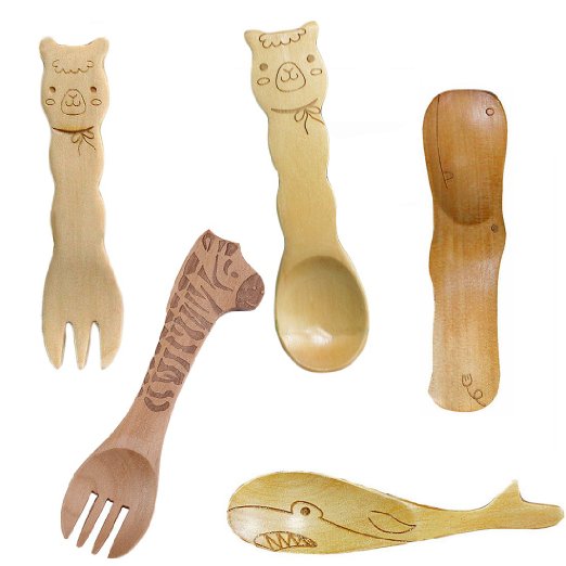Miraclekoo Cute Wooden Animal Cutlery Set / Wooden Spoon and Fork for Children / Baby 4.5 Inches, Set of 5