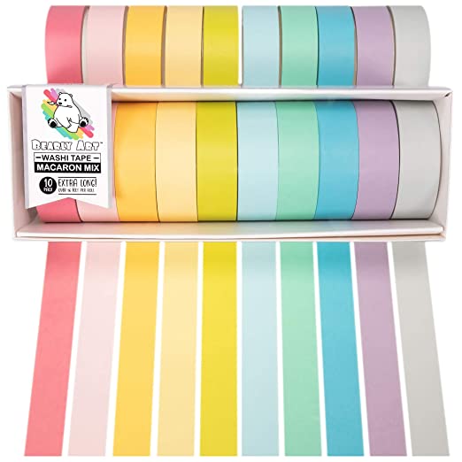 Bearly Art Washi Tape Set - Macaron Mix - 12 Pastel Colors Decorative Tape for DIY Crafts - Extra Long Rolls - Scrapbooking and Paper Crafts - 15mm Wide and 5m Long