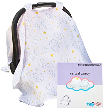 Car Seat Cover - 100% Organic Cotton - Canopy Style Cover Easily Attaches to Car Seat to Protect Baby From Sun or Wind, Made of Highest Quality Breathable Fabric, Cute Design for Boys and Girls