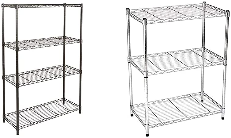 AmazonBasics 4-Shelf Adjustable, Heavy Duty Storage Shelving Unit (350 lbs), Black (36L x 14W x 54H) & 3-Shelf Adjustable, Heavy Duty Storage Shelving Unit (250 lbs), Chrome (23.3L x 13.4W x 30H)