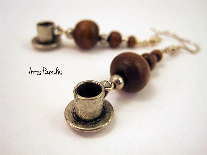 Wood and Pewter Coffee Cup Barista Dangle Earrings by ArtsParadis