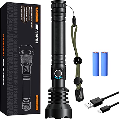 Rechargeable LED Flashlights,90000 High Lumens Super Bright Tactical Flashlight,Zoomable 3 Modes with 26650 Batteries,IP65 Waterproof for Outdoor Camping,Emergency,Easy to Carry, Usb Charging