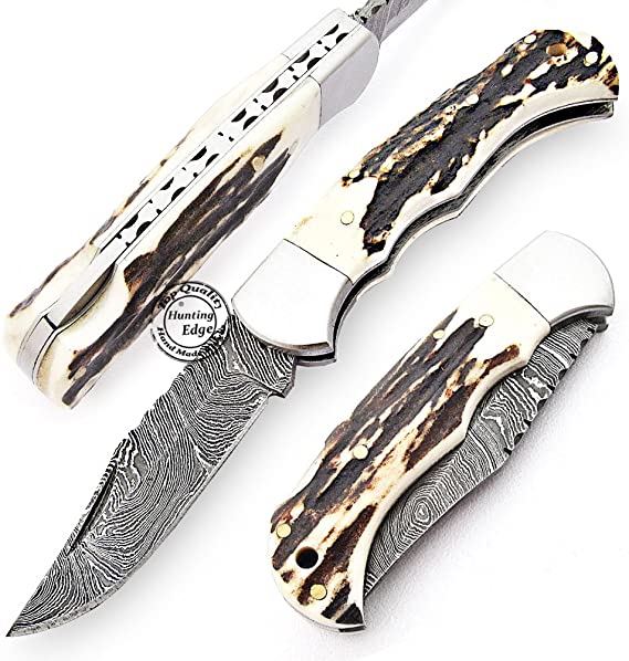 Hunting Edge Stag Horn 6.5'' 100% Handmade Damascus Steel Folding Pocket Knife 100% Prime Quality