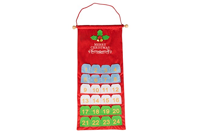 Christmas 24 Day Hanging Cloth Advent Calendar | Red and Green Merry Christmas Design | Traditional Holiday Christmas Decor Theme | Perfect for Home or Office | Measures 25" Tall