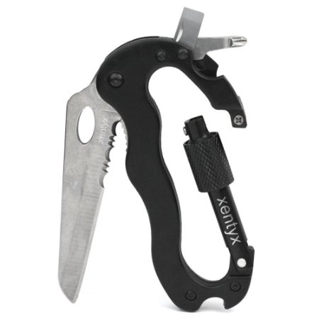 Xentyx - Survival Gear, Carabiner Multitool Clip In Outdoor Camping, Hunting, Tactical Military Equipment - Multi Tool Locking Knife - Black Heavy Duty Pocket Blade
