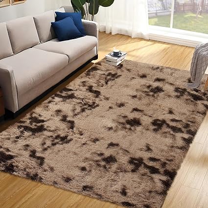 Zacoo 6x9 Area Rug for Living Room, Soft Fluffy Bedroom Carpet Rug Indoor Modern Plush Floorcover Mat Large Abstract Throw Rugs for Dining Room Non Slip Non Shed Nursery Home Decor Rug, Tie-dyed Brown