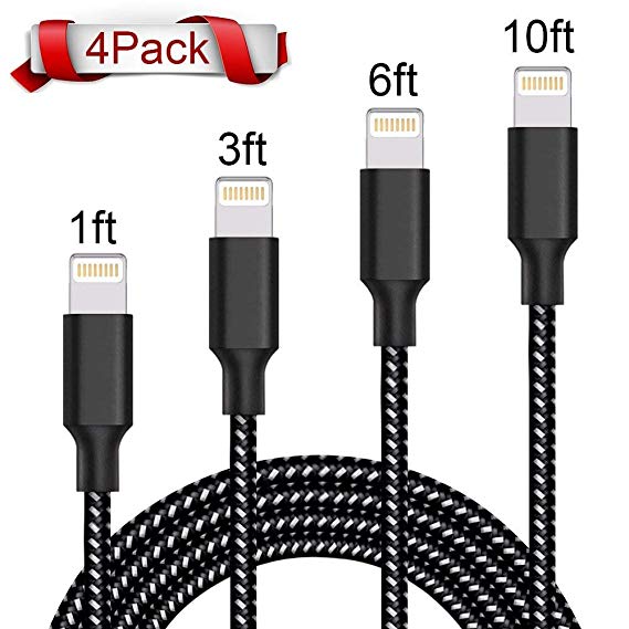 Lightning Cable,AOFU Charger Cables 4Pack 1FT 3FT 6FT 10FT to USB Syncing and Charging Cable Data Nylon Braided Cord Charger foriPhone X/8/8Plus/7/7Plus/6/6Plus/6s/6sPlus/5/5s/5c/SEand more-BlackWhite