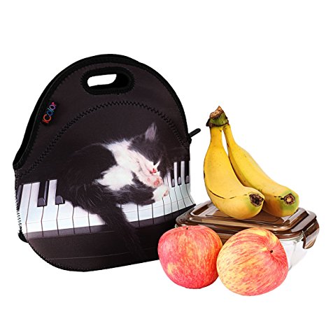 iColor Cute Cat Piano Neoprene Sleeve Boys Girls School Office Travel Outdoor Warm Thermal Waterproof Food Container Tote Pouch Insulated Holder W/ Handle Case Tote Box Carrier Lunch Bag