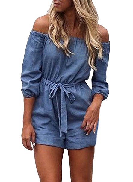 Annflat Women's Off Shoulder Half Sleeve Chambray Denim Romper With Belt